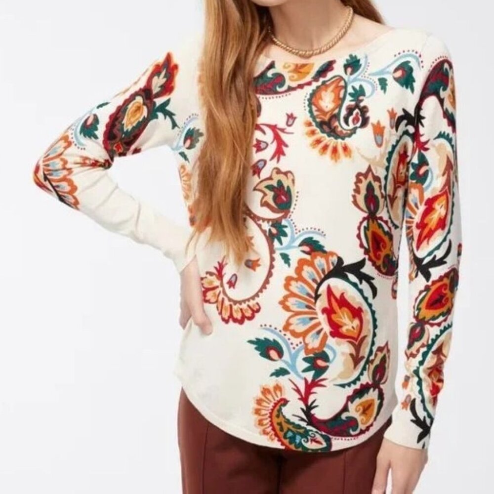 Chico’s Rust Green XL Knit Sweater Tee Long Sleeve Paisley Bateau Neck Pull Over - Picture 3 of 14